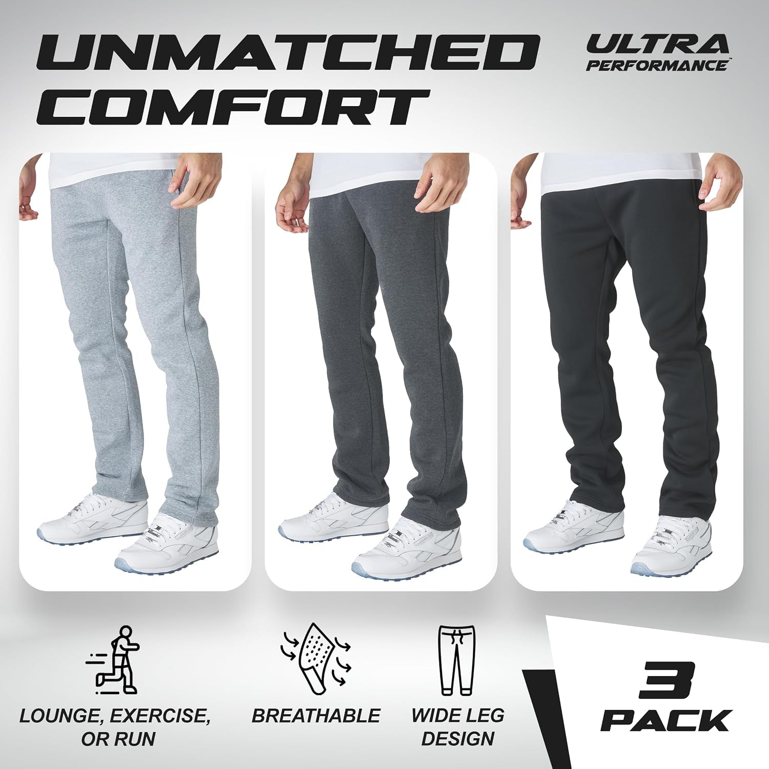 Mens Sweatpants 3 Pack Wide Leg Open Bottom Fleece Sweats