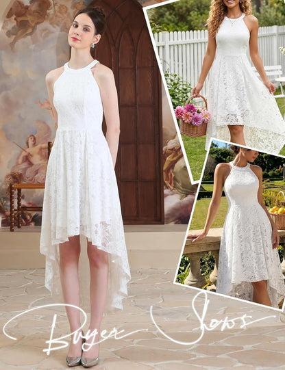 Women Halter Lace Wedding Guest Dress Hi-Lo Cocktail Party Bridesmaid Formal Dresses