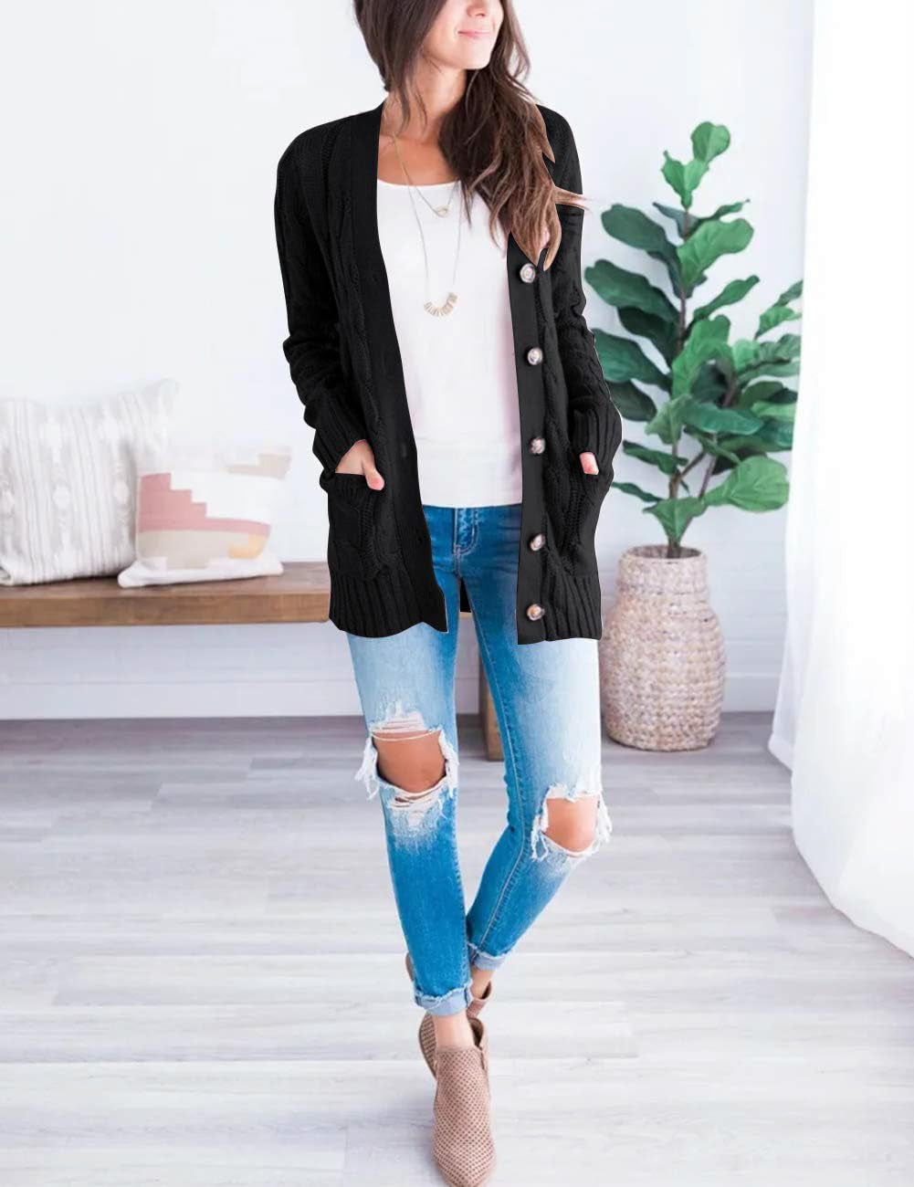 Cardigan Sweaters for Women 2026 Fall Long Sleeve Cable Knit Open Front Button Chunky Trendy Outerwear Coats