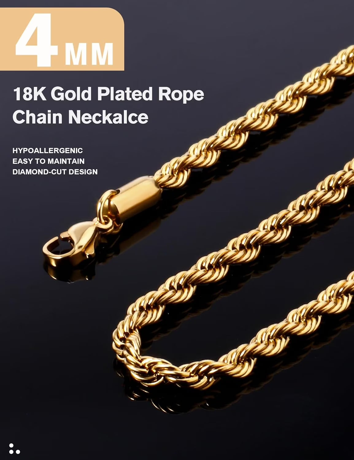 Gold Rope Chain for Men 2.5Mm 3Mm 4Mm 18K Gold Plated Stainless Steel Rope Chain Necklace for Mens Women