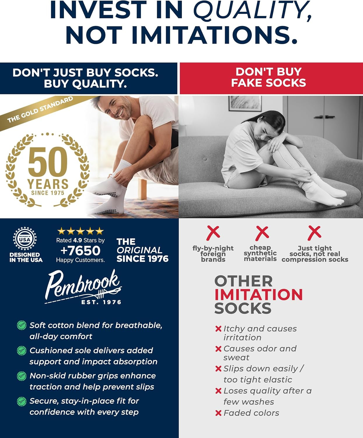 Non Slip Crew Grip Socks Men & Women - 4 Pairs | Non Slip Socks for Elderly, Hospital, Pilates, Yoga, Barre, Home