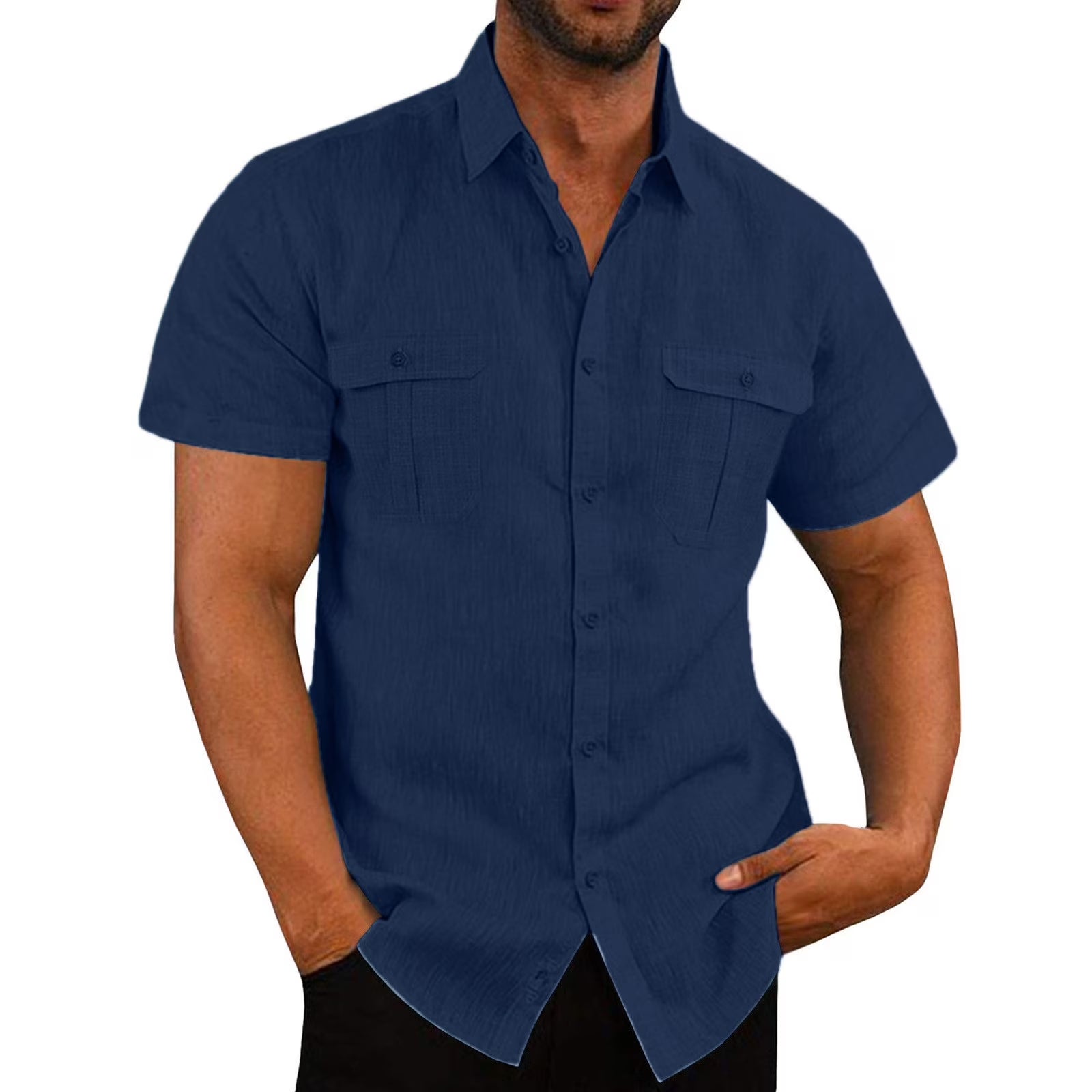 Mens Short Sleeve Classic Shirts plus Size Fishing Casual Regular-Fit Button-Up Collared Plaid Double Pocket Dress Shirt Top Tees Blouses Men Short Sleeve Shirts Button up Clearance M-5XL