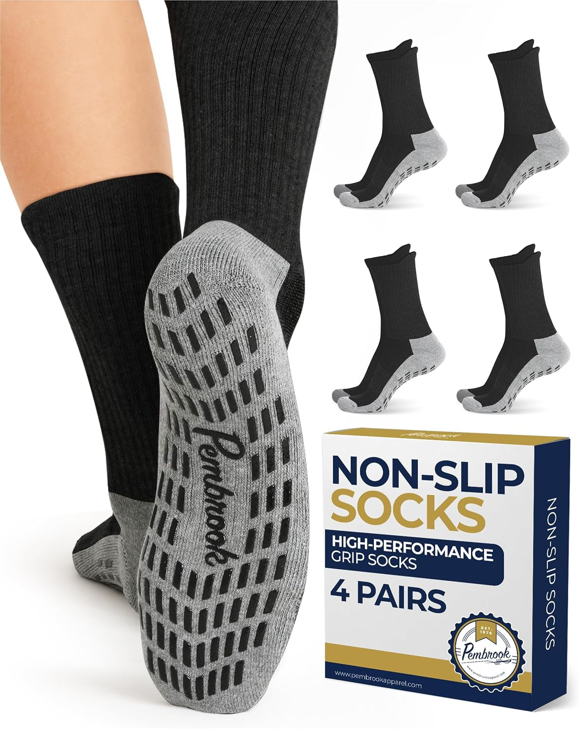 Non Slip Crew Grip Socks Men & Women - 4 Pairs | Non Slip Socks for Elderly, Hospital, Pilates, Yoga, Barre, Home