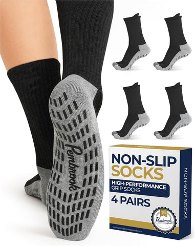 Non Slip Crew Grip Socks Men & Women - 4 Pairs | Non Slip Socks for Elderly, Hospital, Pilates, Yoga, Barre, Home