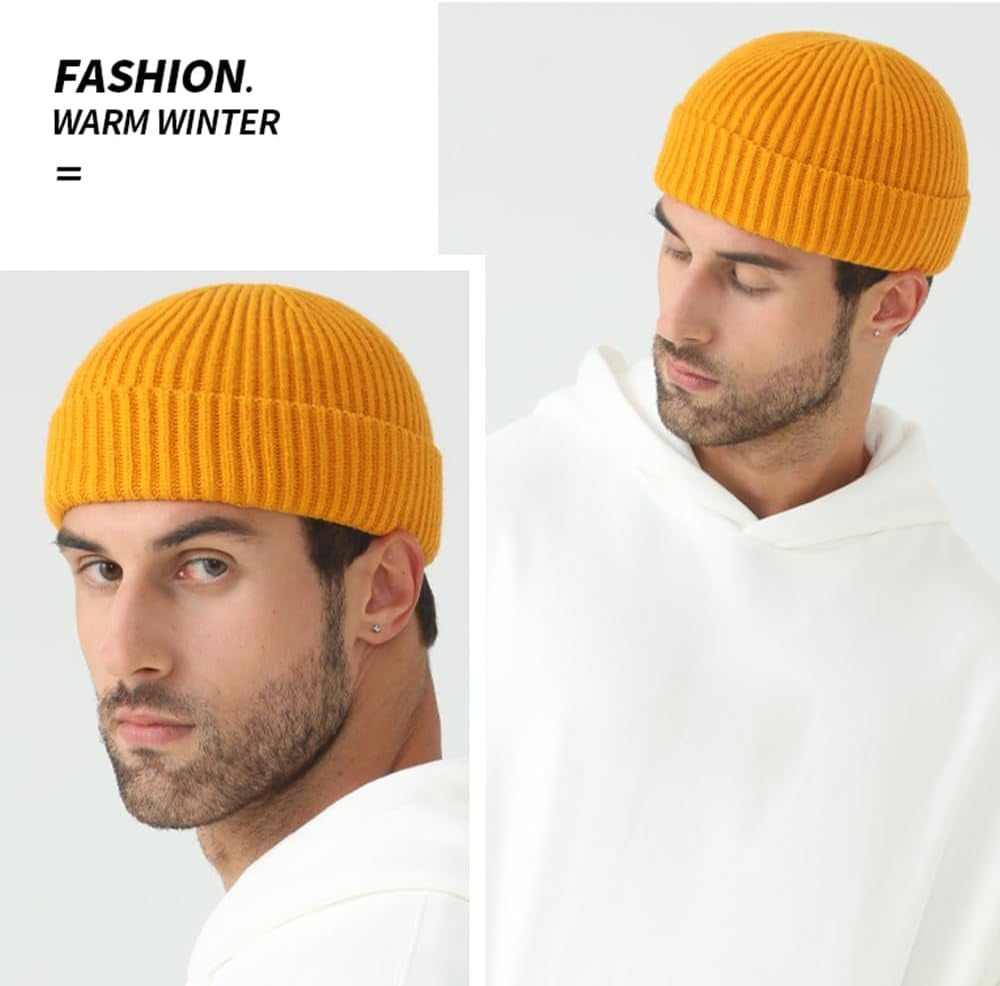 3 Pack Wool Fisherman Beanies for Men, Short Knit Watch Cap Cuffed Hats