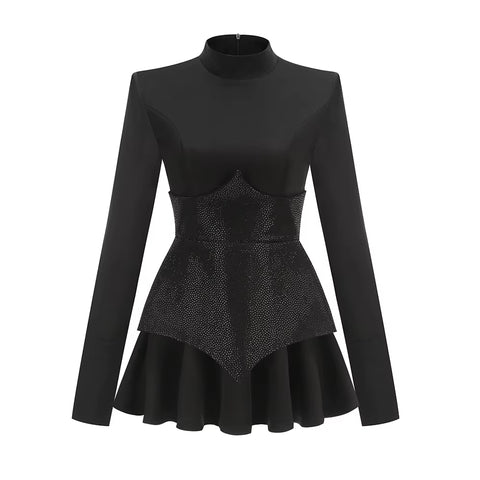 Long Sleeves Waist Sparkle Diamond Mini Dress
