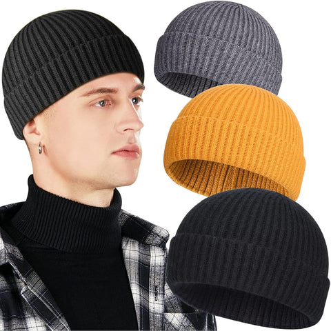 3 Pack Wool Fisherman Beanies for Men, Short Knit Watch Cap Cuffed Hats