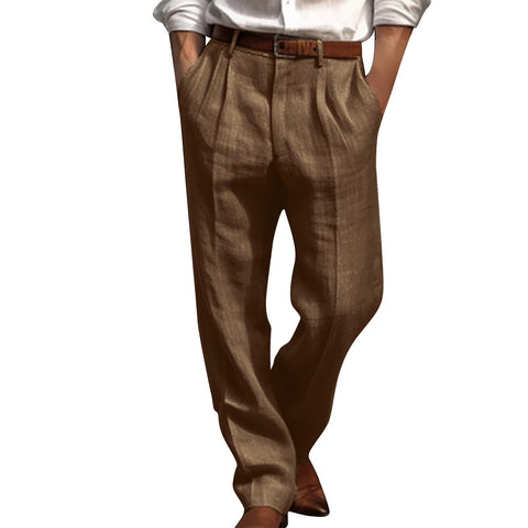 Cotton Linen Pants for Men Pleated Front Trouser Straight Leg Suit Trousers Solid Color Office Trouser Lightweight Linen Pant
