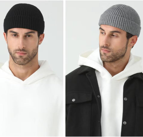 3 Pack Wool Fisherman Beanies for Men, Short Knit Watch Cap Cuffed Hats