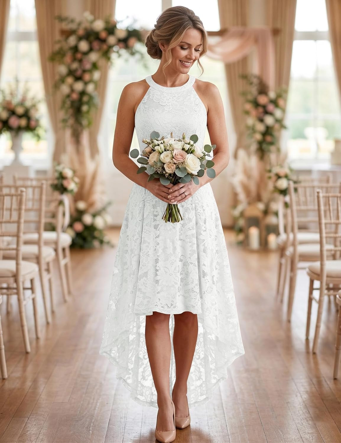 Women Halter Lace Wedding Guest Dress Hi-Lo Cocktail Party Bridesmaid Formal Dresses