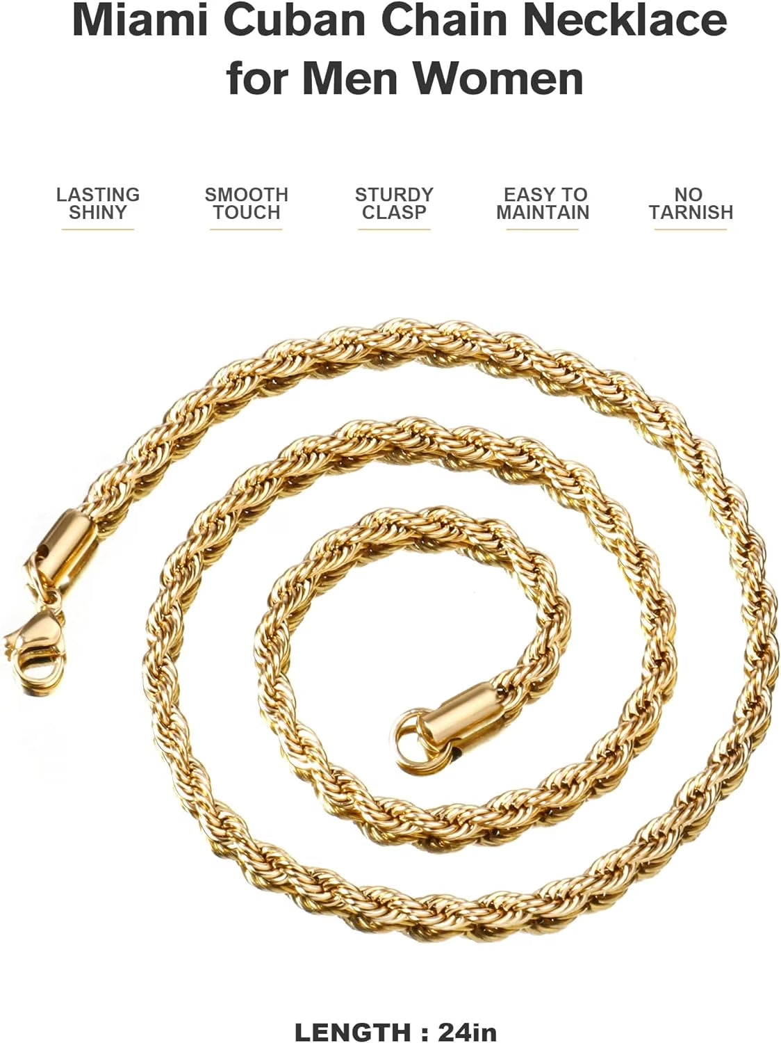 Gold Rope Chain for Men 2.5Mm 3Mm 4Mm 18K Gold Plated Stainless Steel Rope Chain Necklace for Mens Women