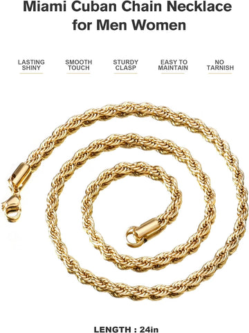 Gold Rope Chain for Men 2.5Mm 3Mm 4Mm 18K Gold Plated Stainless Steel Rope Chain Necklace for Mens Women