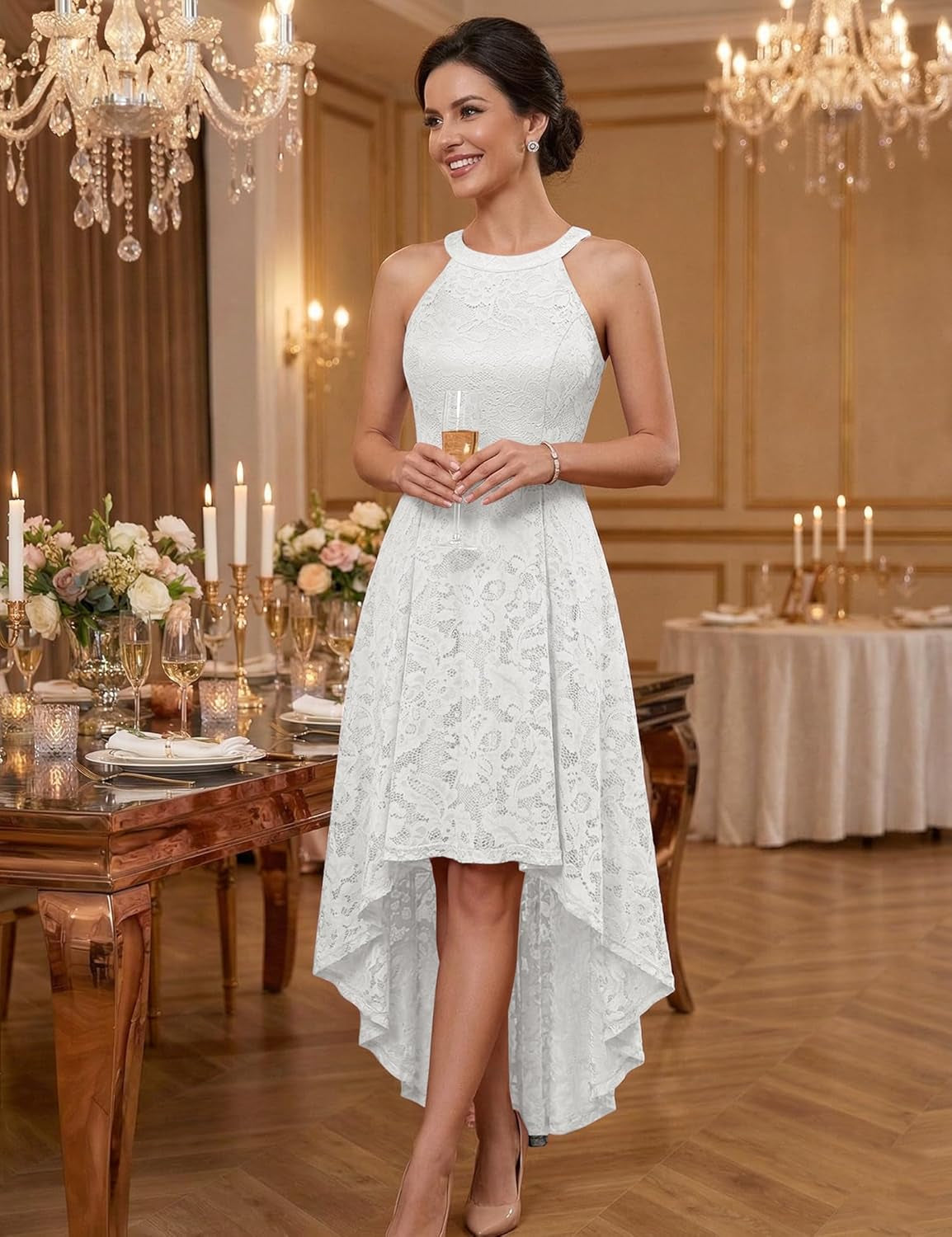 Women Halter Lace Wedding Guest Dress Hi-Lo Cocktail Party Bridesmaid Formal Dresses