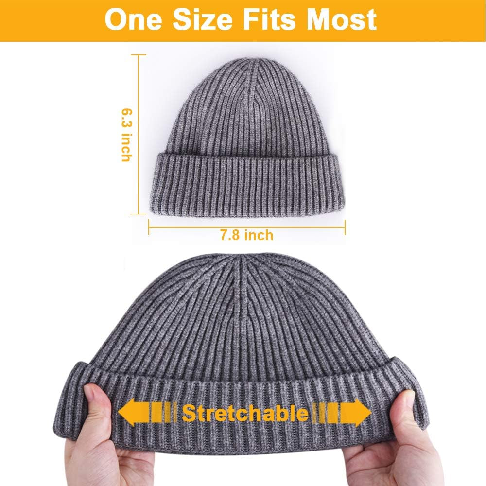 3 Pack Wool Fisherman Beanies for Men, Short Knit Watch Cap Cuffed Hats