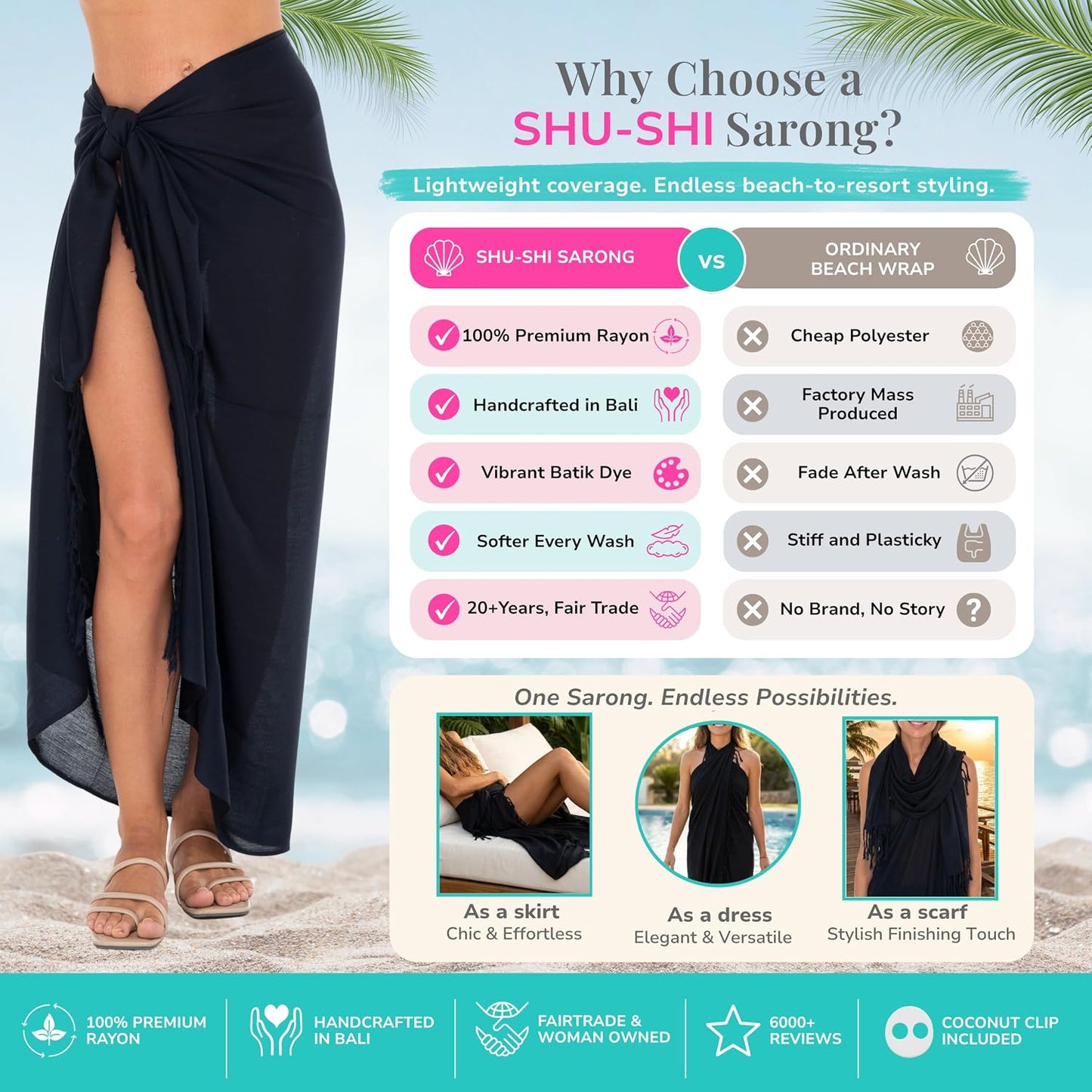 Women'S Sarong Swimsuit Coverup Long Pareo Beach Wrap with Coconut Clip