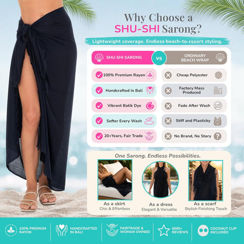Women'S Sarong Swimsuit Coverup Long Pareo Beach Wrap with Coconut Clip