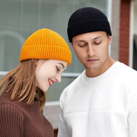 3 Pack Wool Fisherman Beanies for Men, Short Knit Watch Cap Cuffed Hats
