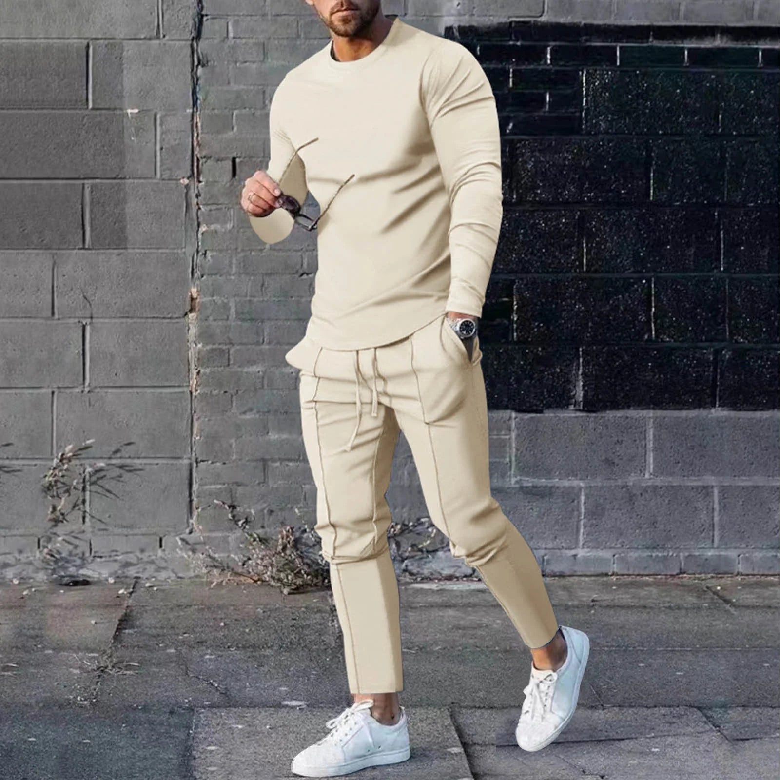 Men'S Tracksuits Tight T-Shirt and Pants Set Outfit Two-Piece Fitness Solid Training Casual Sports Sweatsuits